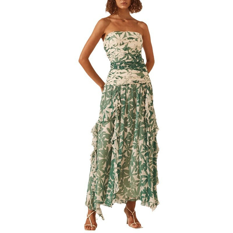 Damen schulterfreies Maxikleid mit Rüschendetails und floralem Muster EB