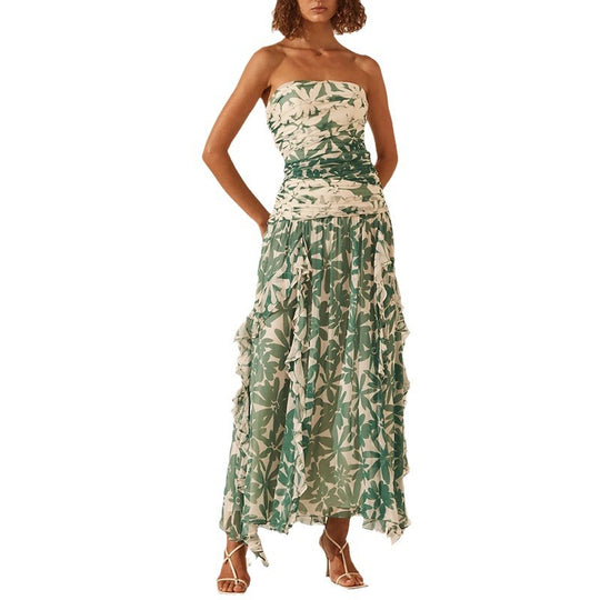 Damen schulterfreies Maxikleid mit Rüschendetails und floralem Muster EB
