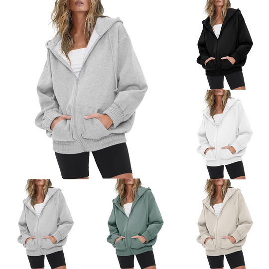 Damen nan oversized Kapuzenjacke mit Reißverschluss, Fleece-Futter und Kängurutaschen EB