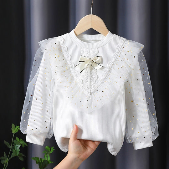 Mädchen Langarmshirt mit dekorativen Tüllärmeln und Spitzenapplikationen EB