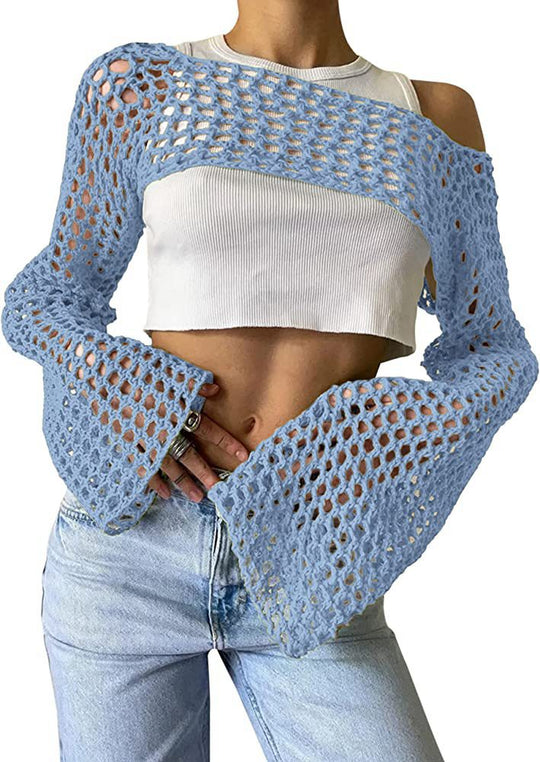 Damen gehäkeltes Langarm-Top mit Off-Shoulder-Design EB