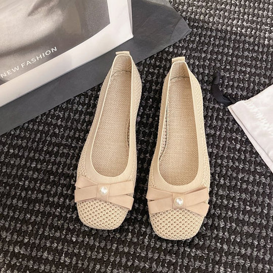 Damen elegante Ballerinas mit zierlichem Schleifen- und Perlenschmuck EB