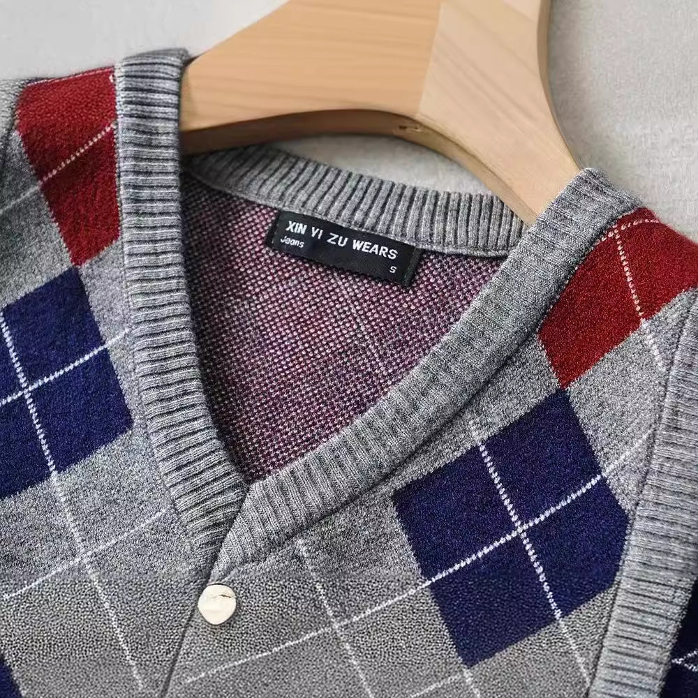Damen Schickes Strickoberteil mit V-Ausschnitt und Karomuster EB