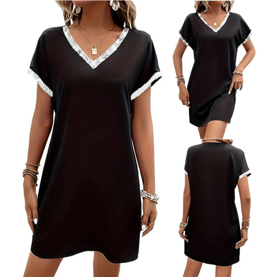 Damen lässiges V-Ausschnitt Kleid mit dekorativem Saum EB