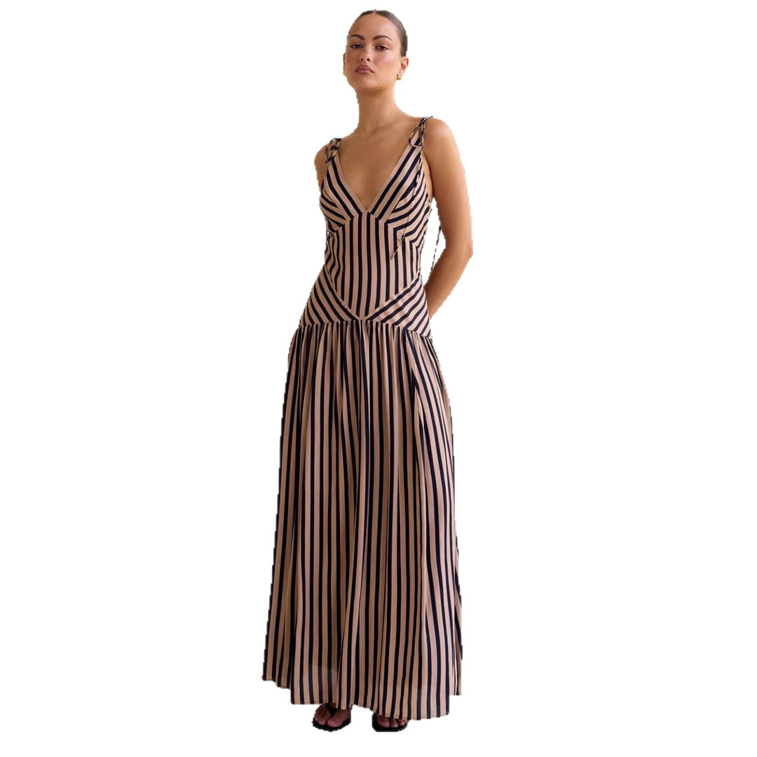 Damen Maxikleid mit tiefem V-Ausschnitt und elegantem Streifendesign EB