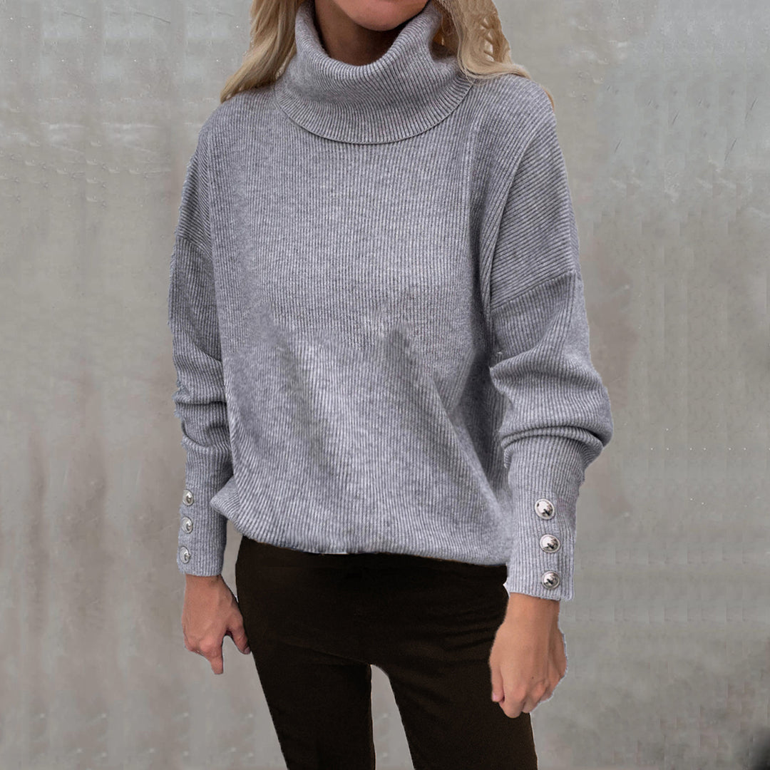 Damen Grobstrickpullover mit Rollkragen und Knopfdetail EB