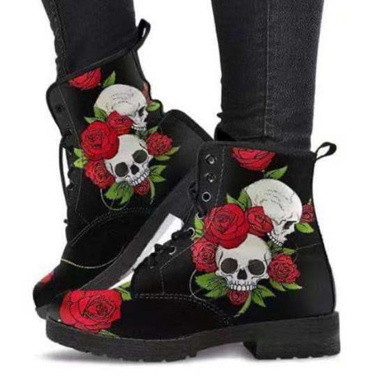 Damen Schnürstiefeletten mit kreativem Totenkopf-Design und robustem Profilsohle EB