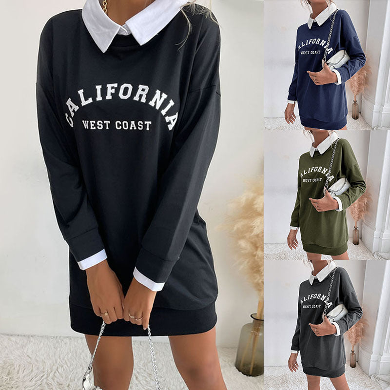 Damen Sweatkleid mit Hemdkragen und sportlichem Schriftzug EB