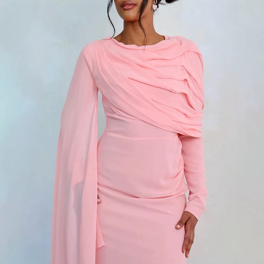 Damen Glamouröses Langarmkleid mit drapiertem Oberteil und fließendem Schnitt EB
