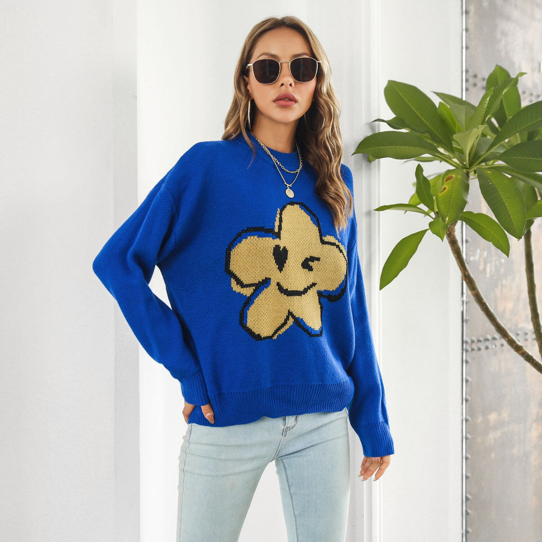 Damen Strickpullover mit verspieltem Blumenmotiv EB