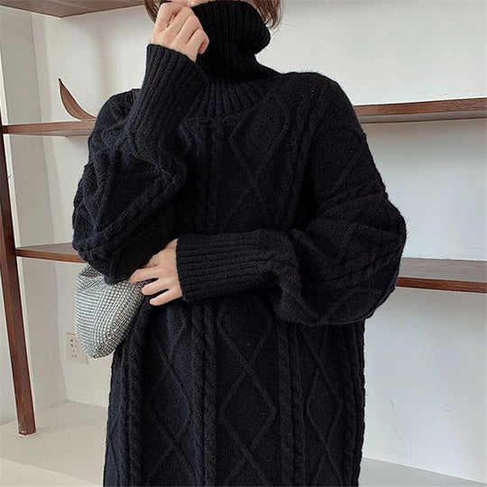 Damen Langer Strickpullover mit dickem Zopfmuster und Stehkragen EB