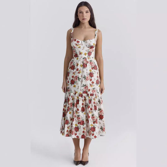 Damen Maxikleid mit floralem Print und voluminösem Rock EB