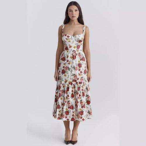 Damen Maxikleid mit floralem Print und voluminösem Rock EB