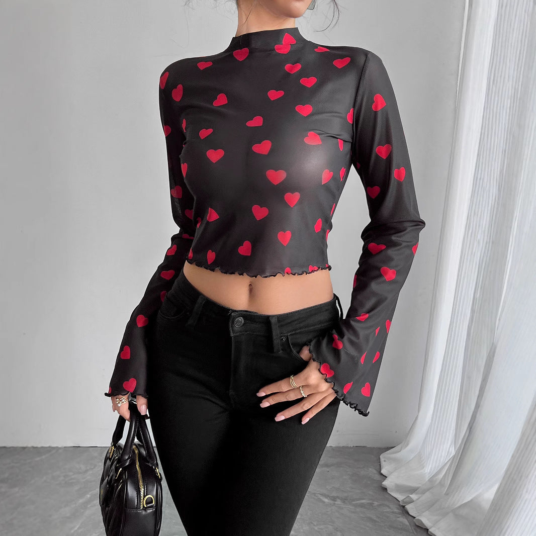 Damen nan transparentes Paisley-Netz-Kurzoberteil mit Stehkragen, Trompetenärmeln und gewelltem Saum EB