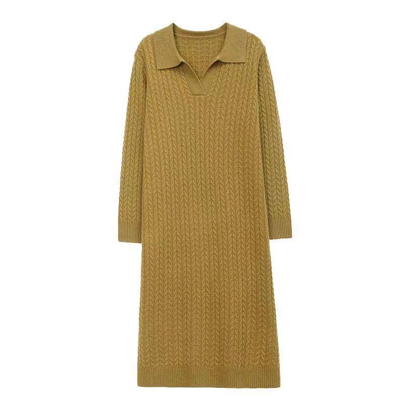 Damen Strickkleid mit klassischem Polokragen und feinem Zopfmuster EB
