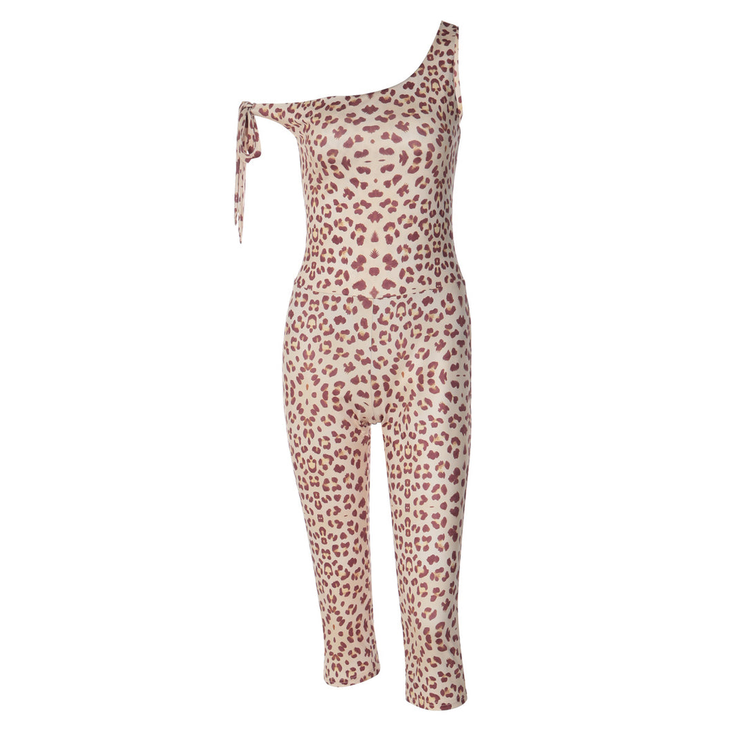 Damen trendiger Einteiler mit asymmetrischem Ausschnitt und Leoprint EB