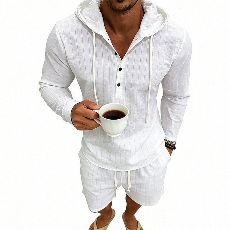 Herren nan gestreiftes Leinenoptik-Kapuzen-Henley-Set mit Tunnelzug-Shorts EB