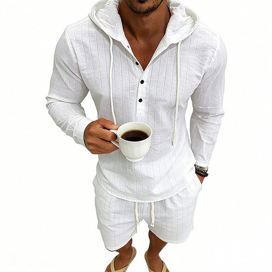 Herren nan gestreiftes Leinenoptik-Kapuzen-Henley-Set mit Tunnelzug-Shorts EB