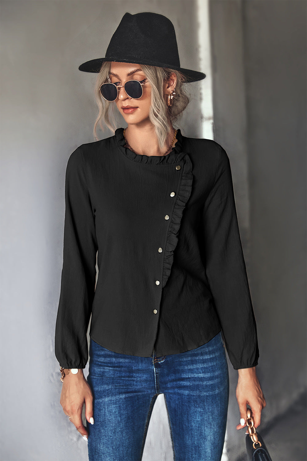 Damen Bluse mit Rüschendetails und dekorativer Knopfleiste EB