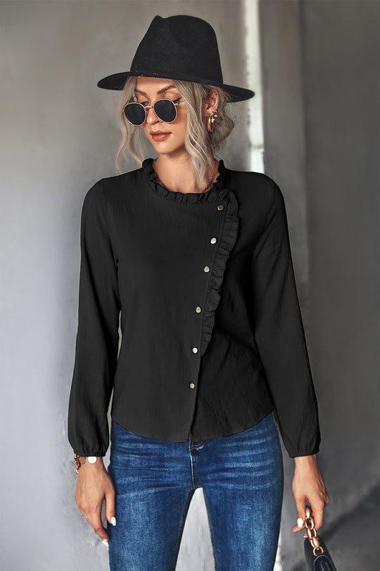 Damen Bluse mit Rüschendetails und dekorativer Knopfleiste EB