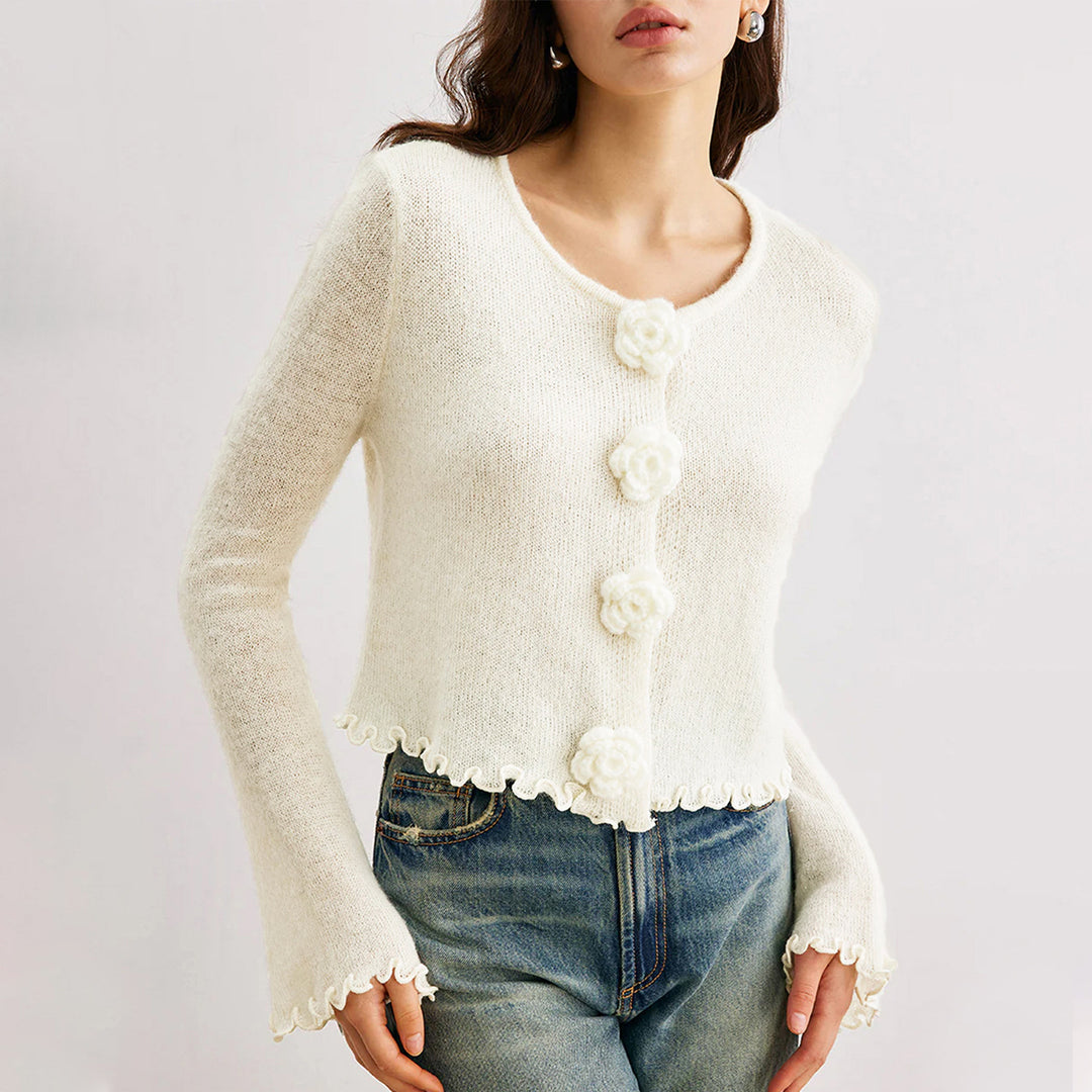 Damen kurze Strickjacke mit dekorativem Blumenknopf EB