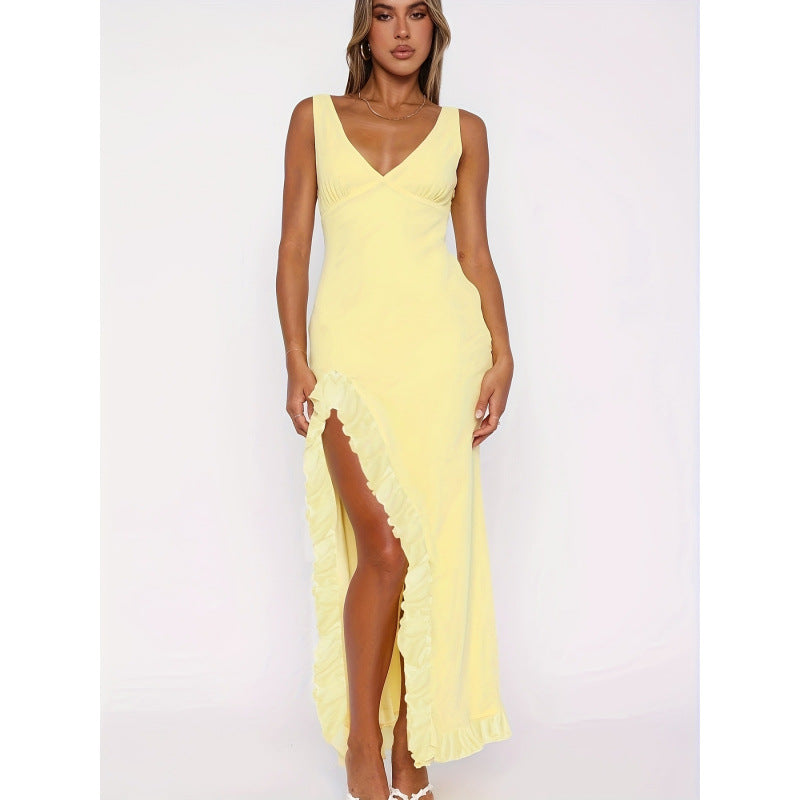Damen Maxikleid mit voluminösen Rüschendetails und tiefem Schlitz EB