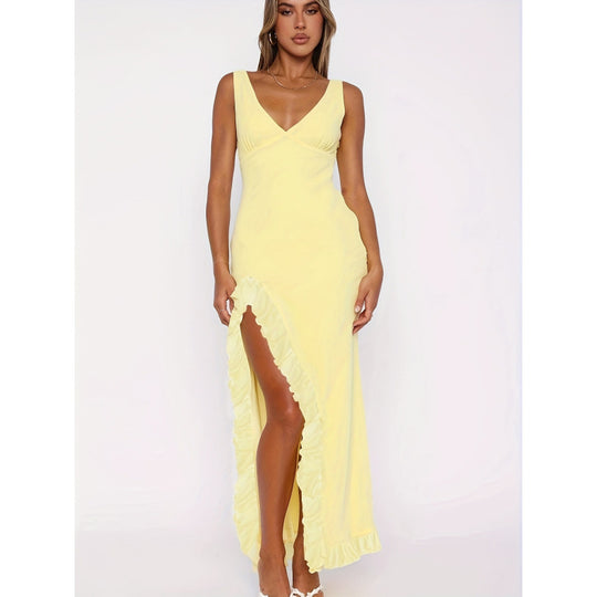 Damen Maxikleid mit voluminösen Rüschendetails und tiefem Schlitz EB