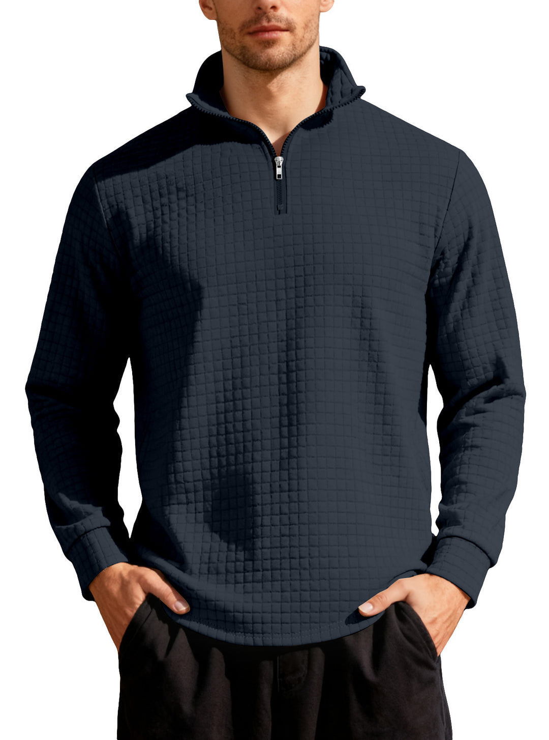 Herren nan City-Thermo-Pullover mit kurzem Reißverschluss Stehkragen und feiner Quadratstruktur EB