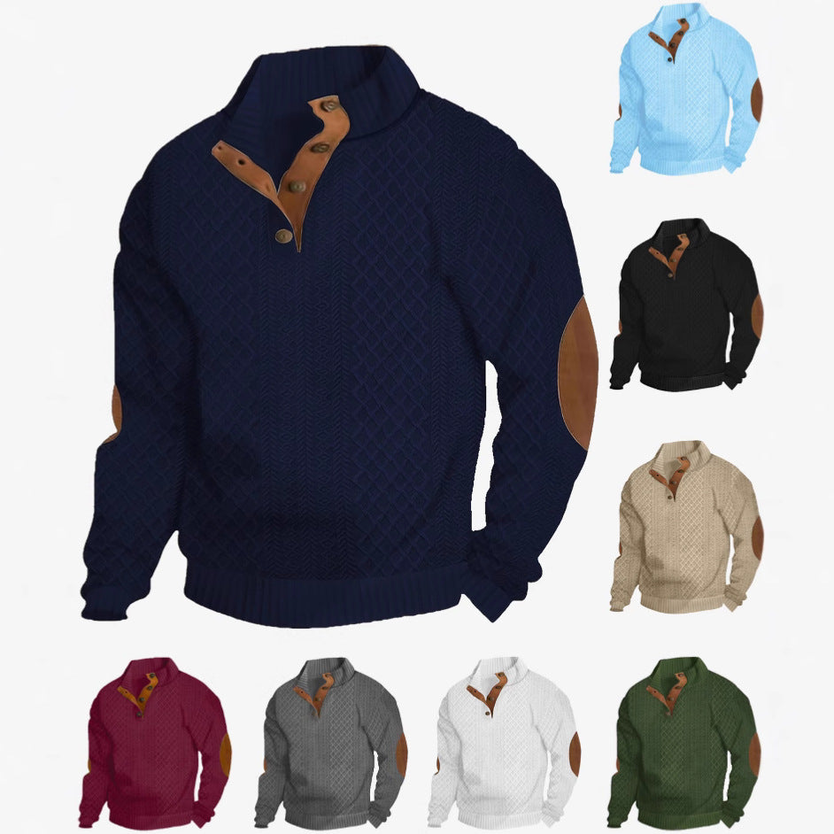Herren nan Grobgestrickter Pullover mit Ellbogenpatches, Stehkragen und Knopfleiste EB
