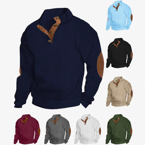 Herren nan Grobgestrickter Pullover mit Ellbogenpatches, Stehkragen und Knopfleiste EB