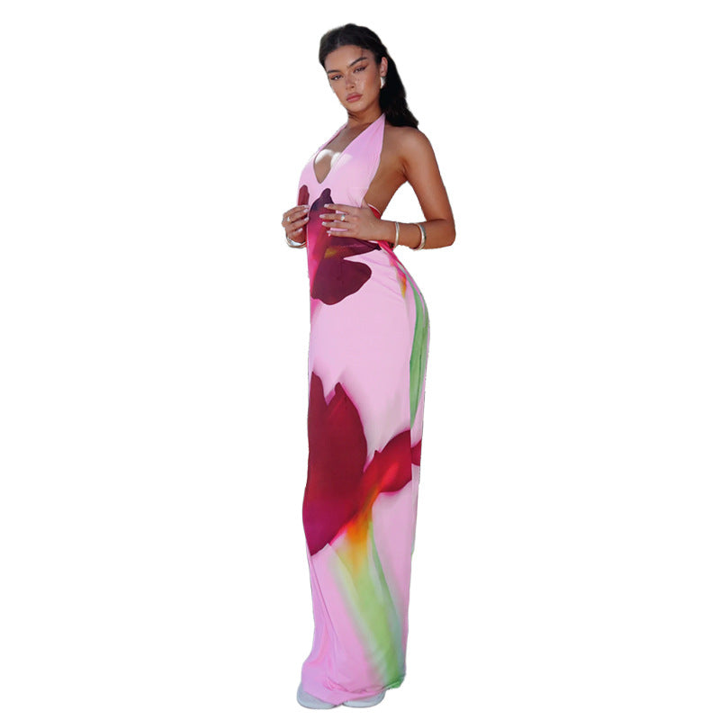 Damen Maxikleid mit floralem Design und tiefem Ausschnitt EB
