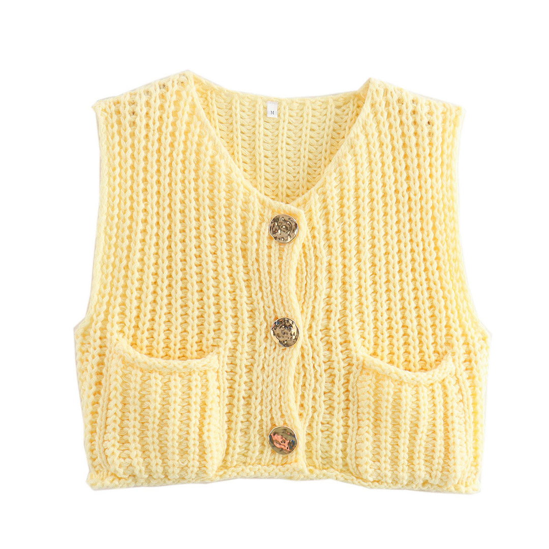 Damen Kurzgeschnittene Ärmellose Strickweste mit V-Ausschnitt und Zierknöpfen EB