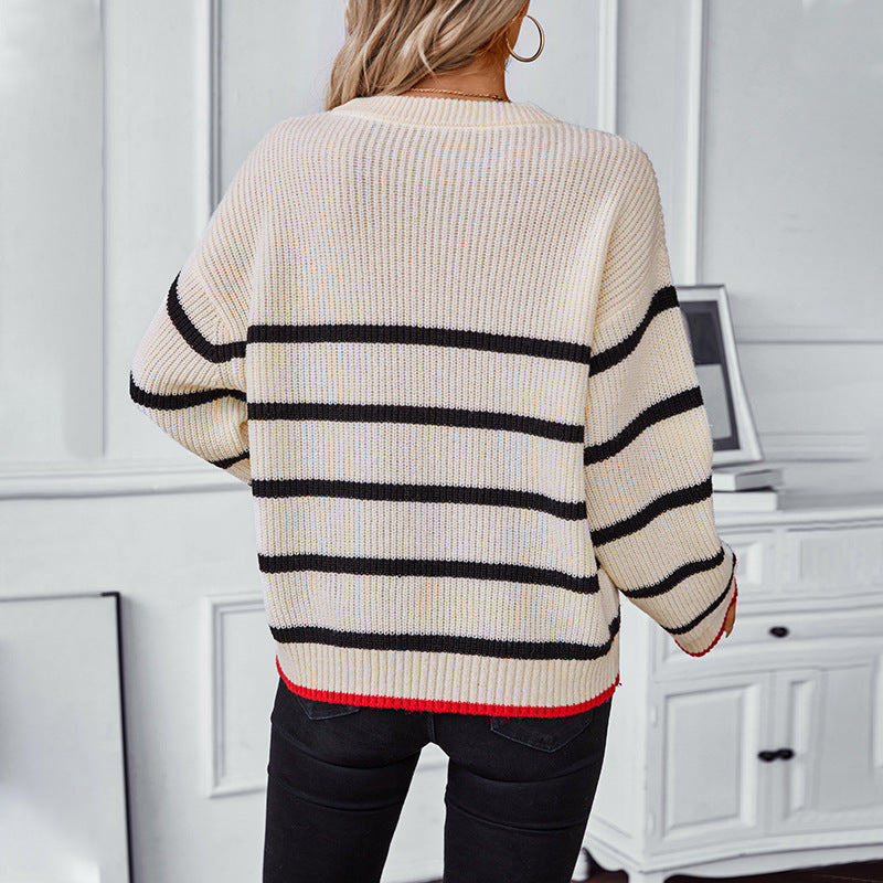 Damen klassischer Strickpullover mit maritimen Streifenmuster und weitem Schnitt EB