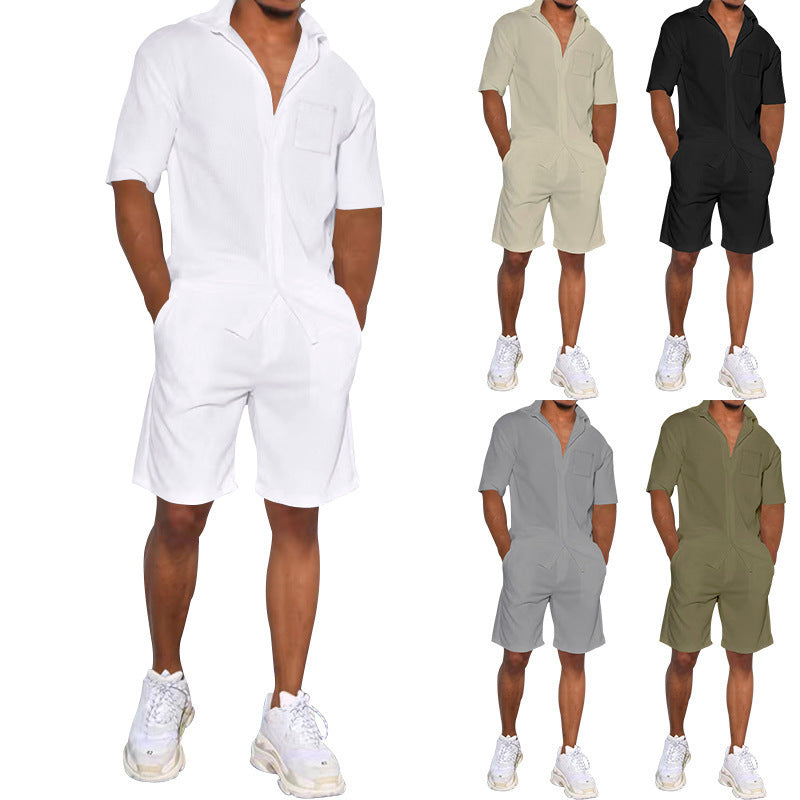 Herren nan legeres Resort-Zweiteiler mit offenem Kurzarm-Hemd, Brusttasche und elastischer Bermuda EB
