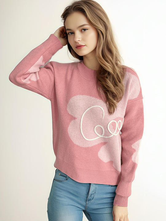 Damen gemütlicher Pullover mit kreativem Schriftzug und modernem Design EB