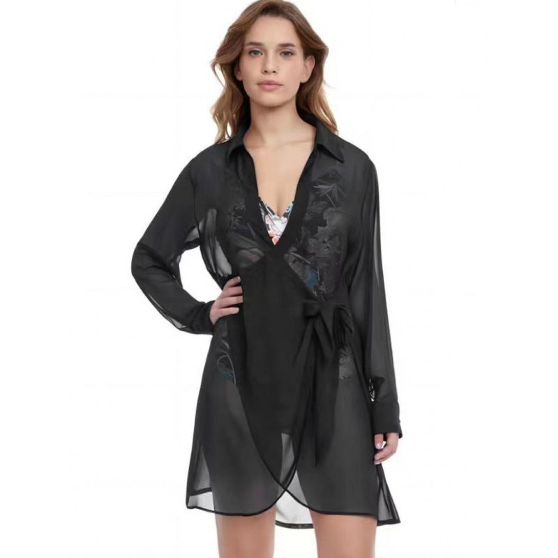 Damen Strandüberwurf mit elegantem Wickeldetail und transparentem Stoff EB
