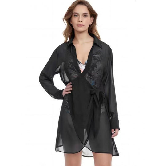 Damen Strandüberwurf mit elegantem Wickeldetail und transparentem Stoff EB