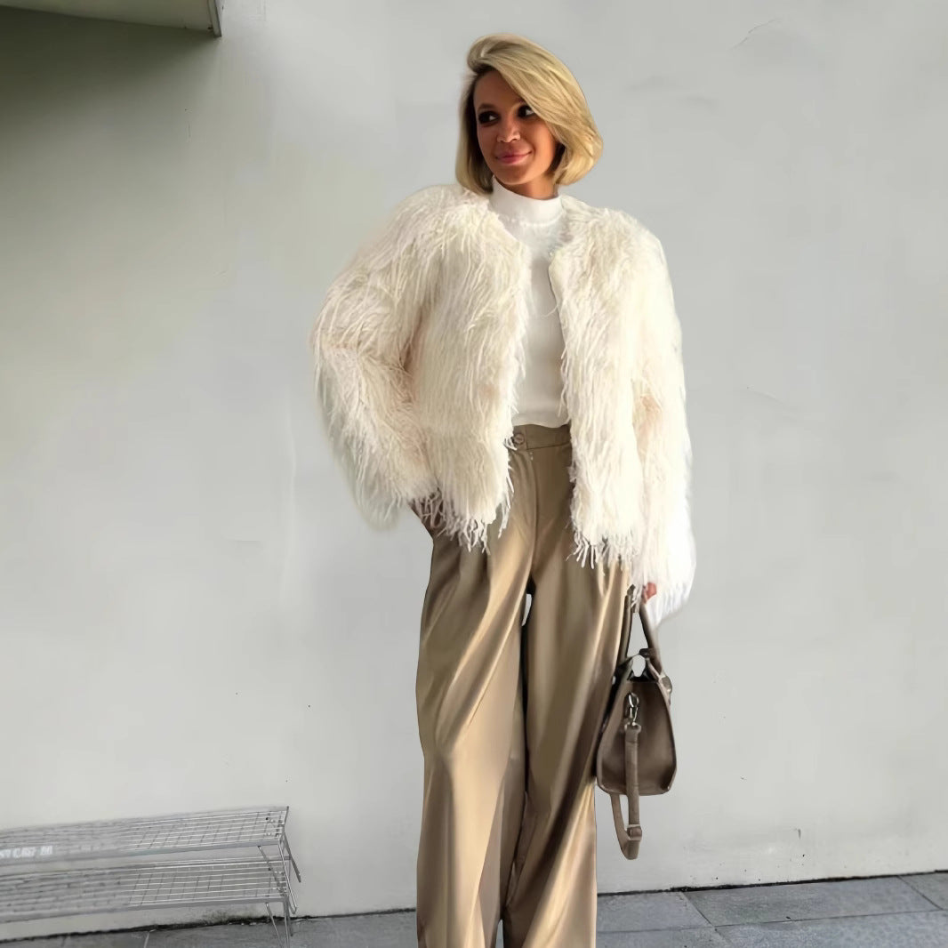 Damen Modische Kunstpelzjacke mit voluminösen Ärmeln EB