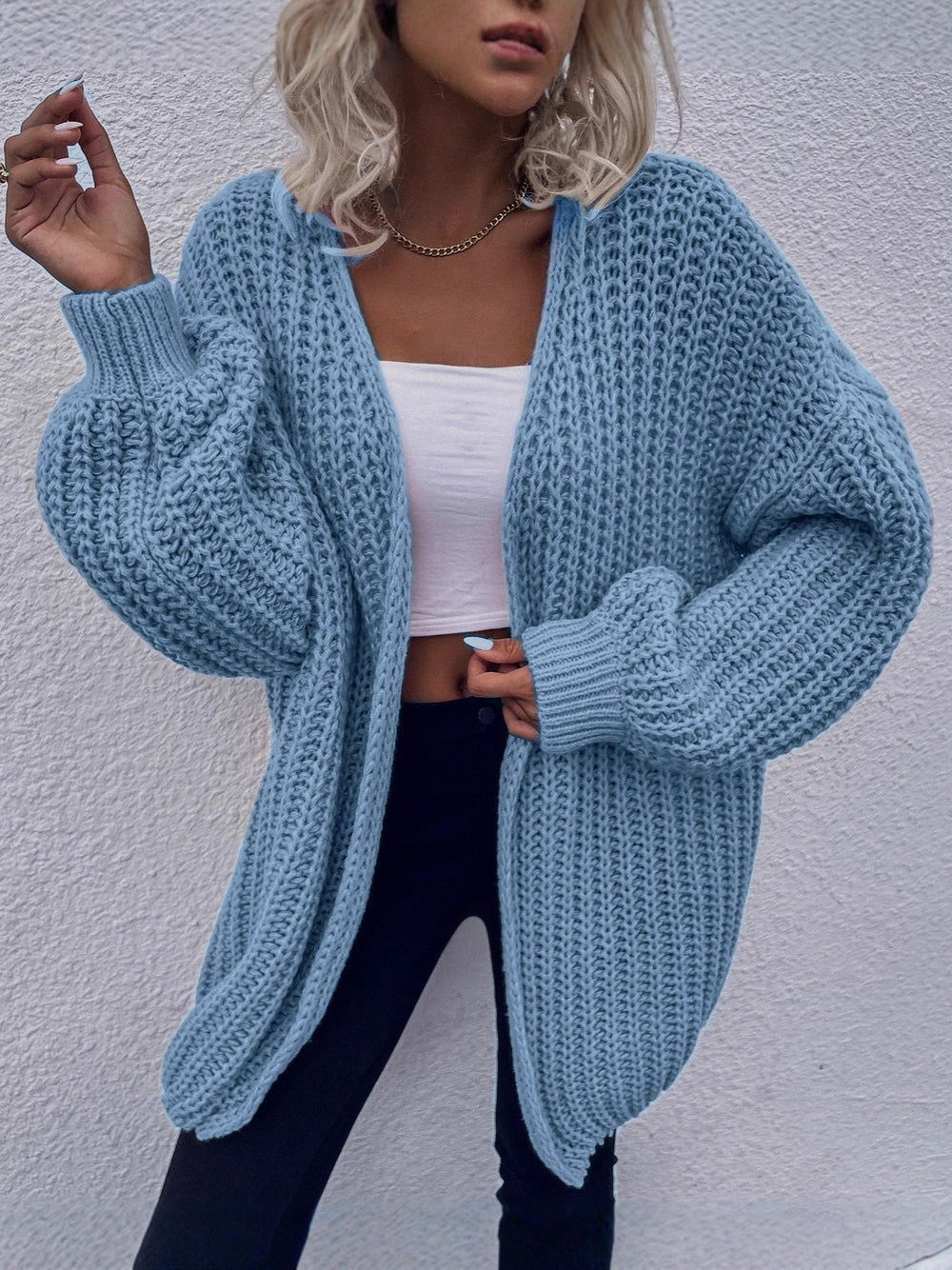 Damen lässiger Grobstrick-Cardigan mit tiefen Taschen und voluminösen Ärmeln EB