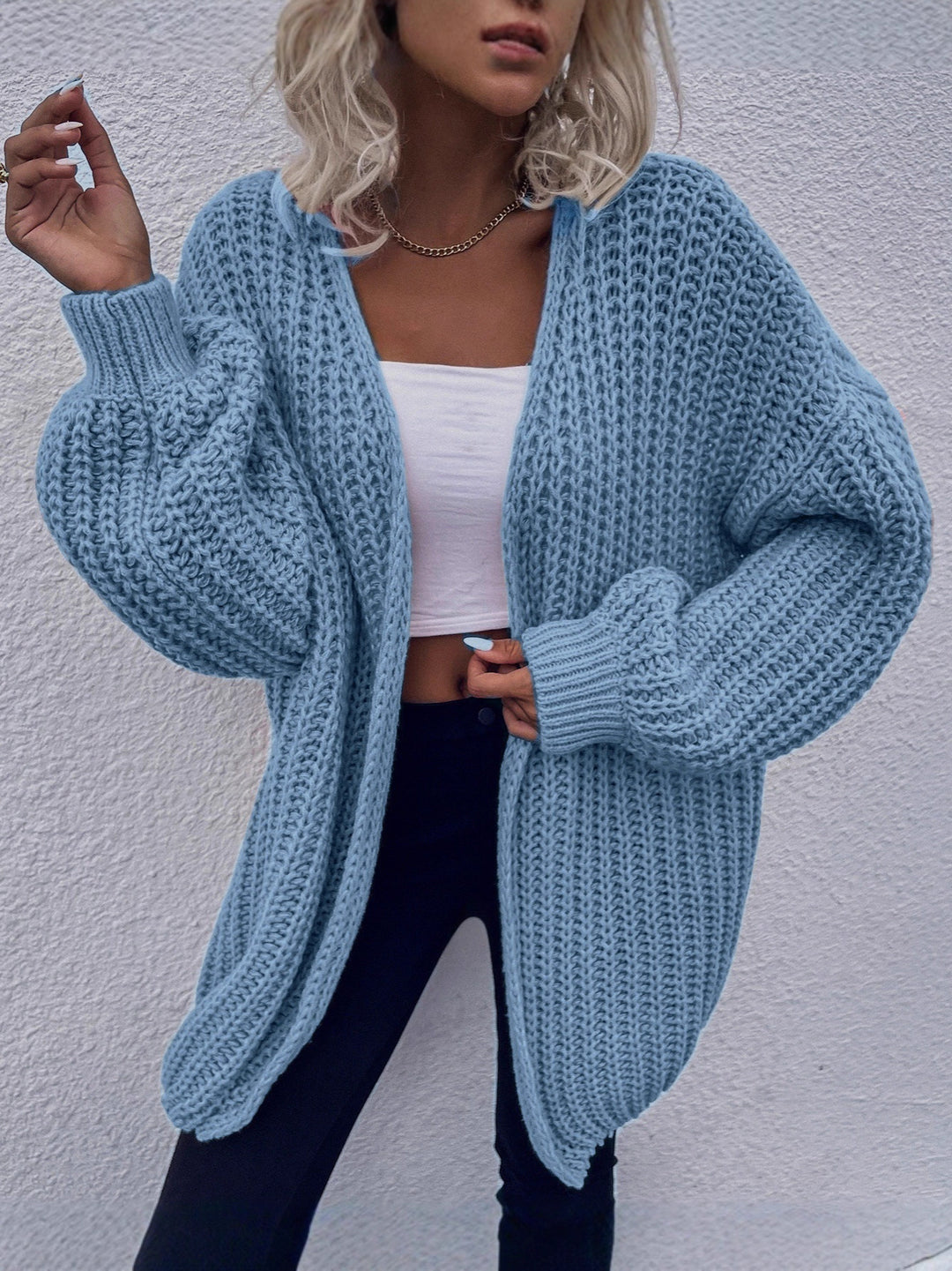 Damen lässiger Grobstrick-Cardigan mit tiefen Taschen und voluminösen Ärmeln EB