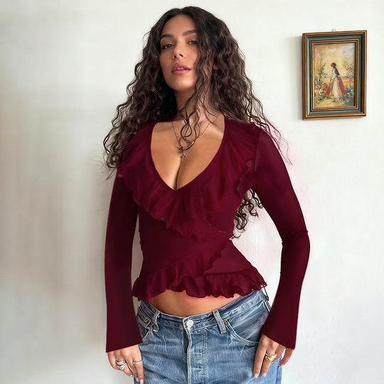 Damen lässiges Wickeloberteil mit Rüschendetails und V-Ausschnitt EB
