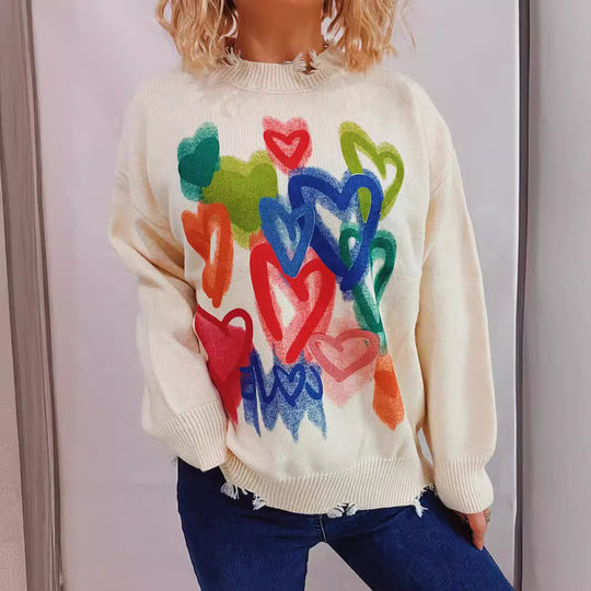 Damen Freizeitpullover mit buntem Herzmotiv und lässigem Schnitt EB