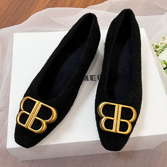 Damen modische Ballerinas aus filzartigem Material mit elegantem Schmuckdetail EB