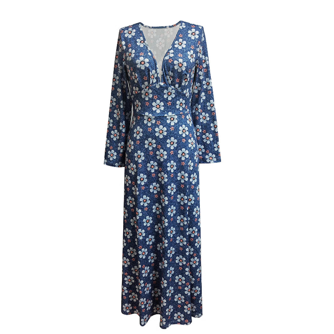 Damen Maxikleid mit tiefem V-Ausschnitt und floralen Motiven EB