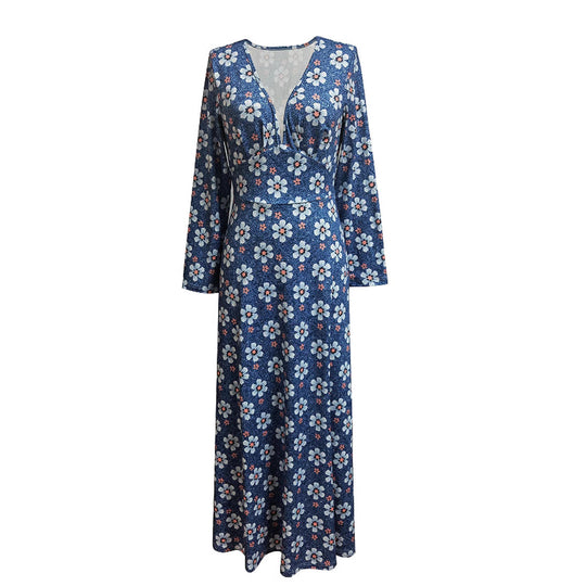 Damen Maxikleid mit tiefem V-Ausschnitt und floralen Motiven EB