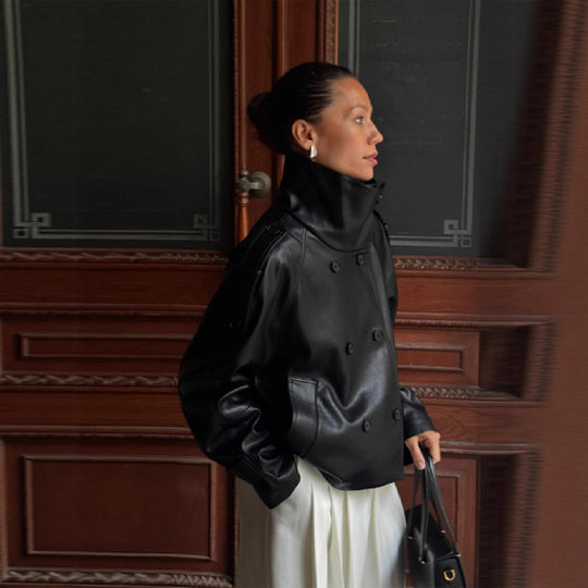 Damen Übergröße Kunstlederjacke mit asymmetrischem Revers EB