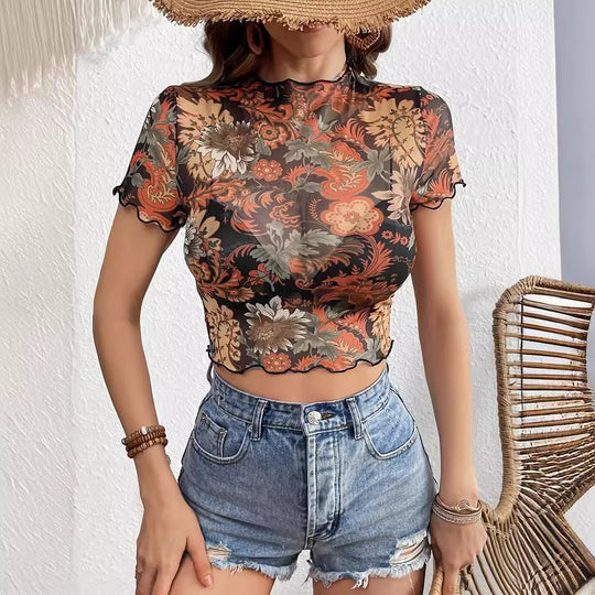Damen Transparente Bluse mit floralen Akzenten EB