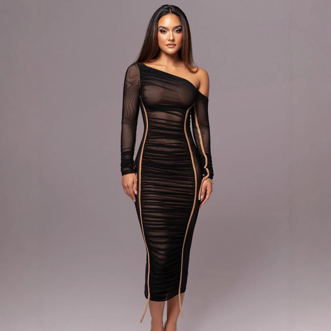 Damen Elegantes One-Shoulder Kleid mit Rüschen EB