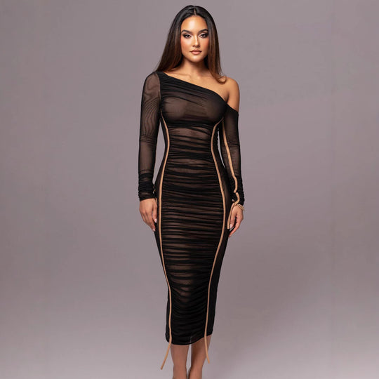 Damen Elegantes One-Shoulder Kleid mit Rüschen EB