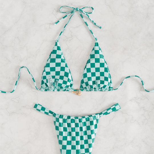 Damen Triangel-Bikini mit modernem Karodesign und verstellbaren Bändern EB
